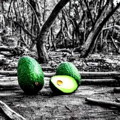 Image similar to nikocado avocado in the forest staring at me, night black and white