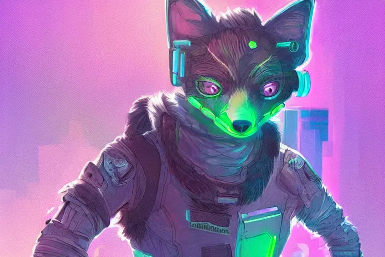 Image similar to a cyberpunk anthropomorphic fox with a fluffy tail, comic art, trending on furaffinity, cartoon, kawaii, backlighting, furry art!!!, neon, concept art