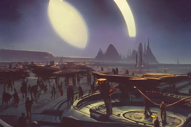 Image similar to visiting crowded exoplanet fish market, ringed planet in the sky, dramatic lighting, artstation, matte painting, ralph mcquarrie, gurney