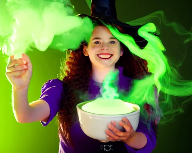 Image similar to close up portrait, happy teen witch and her cat mixing a spell in a cauldron, faint wispy green and purple smoke fills the air, a witch hat, cinematic, green glowing smoke is coming out of the cauldron, ingredients on the table, apothecary shelves in the background, still from nickelodeon show all that