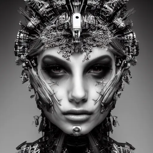 Image similar to a female model by stefan geselle and nekro borja, photorealistic, biomechanical, crystals, intricate details, hyper realistic, ornate headpiece, dark beauty, photorealistic, canon r 3, photography, wide shot, photography, dark beauty, symmetrical features