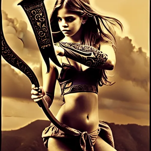 Image similar to barbara palvin posing as an amazon holding a sword, volcanic background, 1 9 8 0's art, retro art, airbrush style, intricate, elegant, sharp focus, illustration, highly detailed, concept art, matte, sharp focus, art by peter palombi