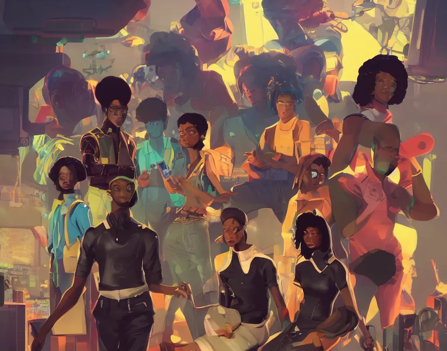 Image similar to afro - futuristic gamers, game consoles and joysticks, hacking the multiverse of gaming | hyperrealistic oil painting | by makoto shinkai, ilya kuvshinov, lois van baarle, rossdraws | afrofuturism, in the style of ernie barnes, trending on artstation | dark color scheme