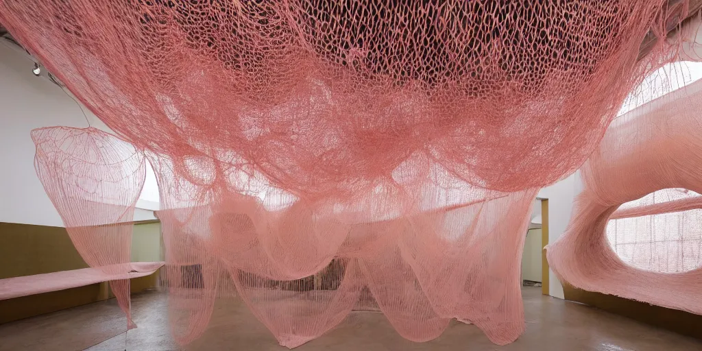 Image similar to soft biomorphic tactile structures out of stocking - like material and nets that fills with various objects like spices, sand and rocks by ernesto neto, light - mint with light - pink color