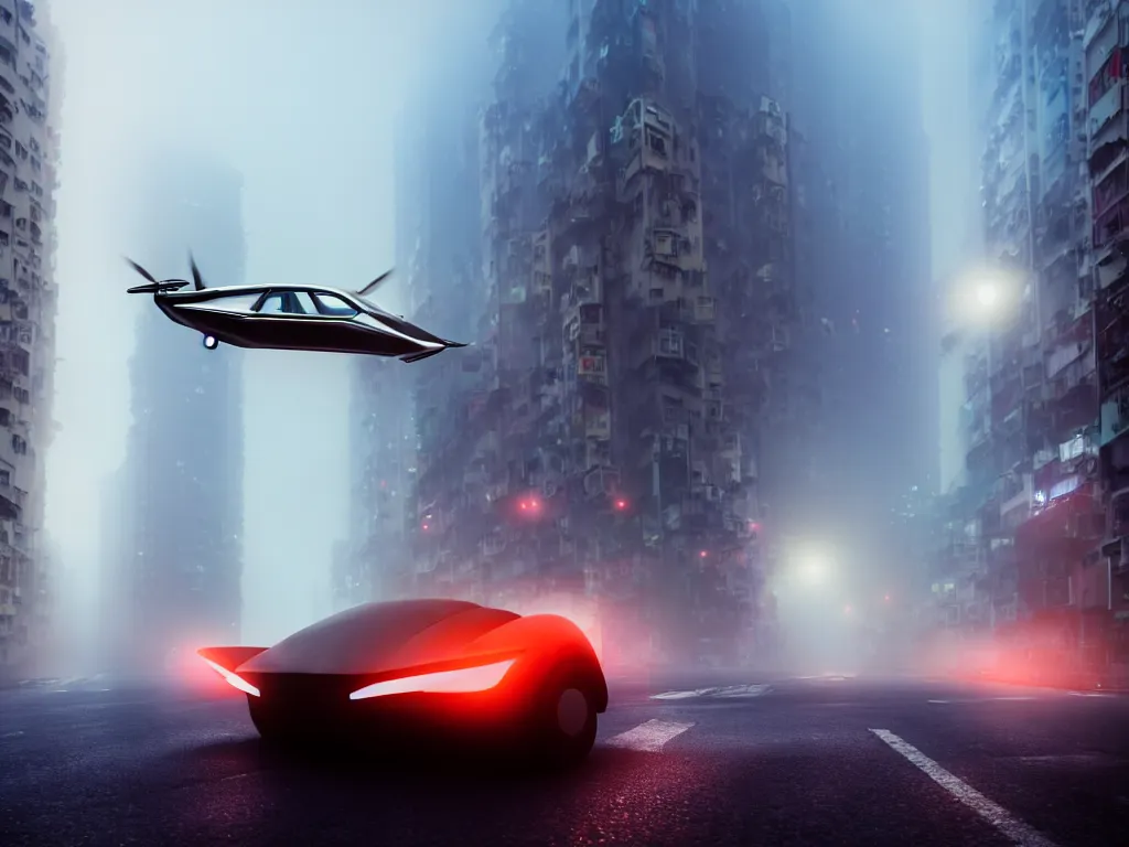 Image similar to movie still of a flying car in the middle of a foggy hong kong street, artstation, volumetric light, high detail, reflections, perfect, concept art, hdr, 8 k