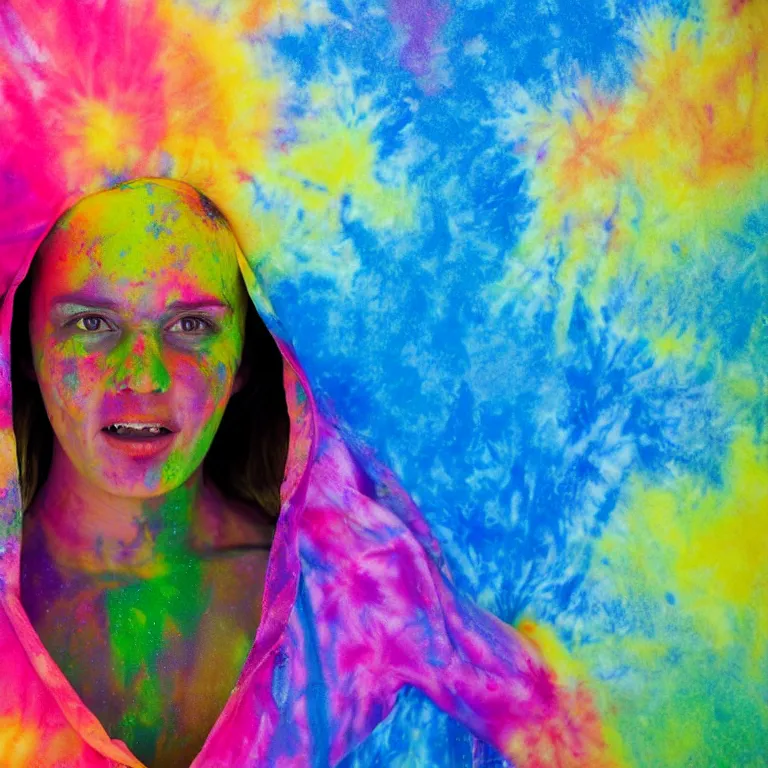 Prompt: octane render portrait by wayne barlow and carlo crivelli and glenn fabry, a woman wearing a skintight bright colorful tie - dye bedsheet costume, inside an incredible colorful holi celebration, backlit, dramatic lighting, fog and mist, cinema 4 d, ray traced lighting, very short depth of field, bokeh