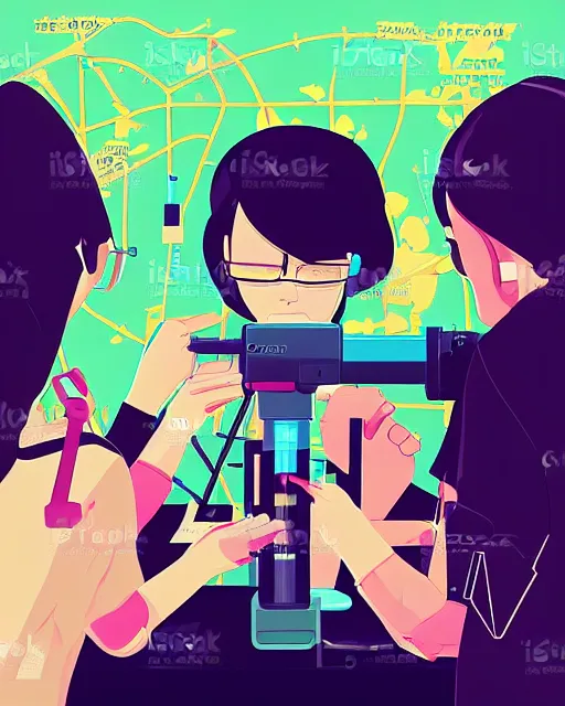 Image similar to a little girl in science lab experiment test tube microscope map. clean cel shaded vector art. minimalist illustration art by lois van baarle, artgerm, helen huang by makoto shinkai and ilya kuvshinov, rossdraws