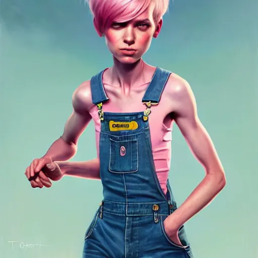 Image similar to full body pose, pixar, beautiful androgynous girl, pink pixie cut hair, torn overalls, short shorts, combat boots, fishnets, beautiful, highly detailed face, true anatomy!, extremely detailed!, digital painting, unreal engine 5, art by tom bagshaw