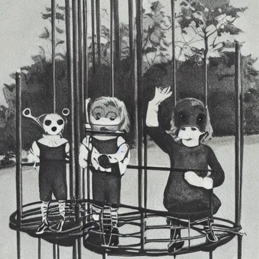 Image similar to vintage artwork of children on a playground wearing different animal masks,