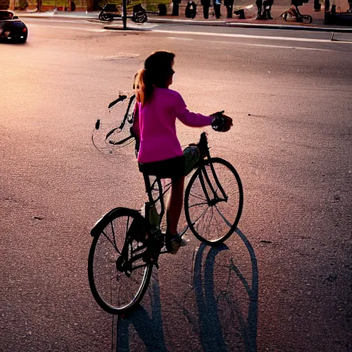 Image similar to a girl rides a bicycle on the street at dusk