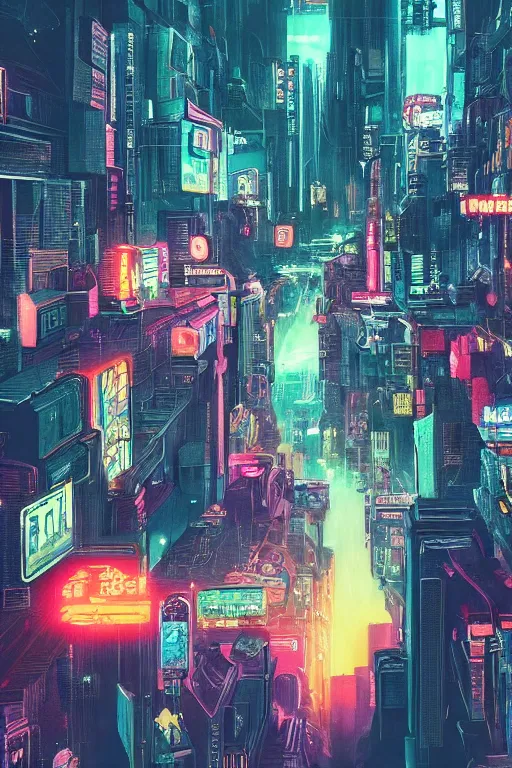 Image similar to cyberpunk city, painted by Danny Flynn and Kevin Wasden,trending on artstation, simple lighting camera view from above,Eraserhead ,vaporwave ,60s kitsch and psychedelia ,oil and canvas ,Blade Runner 2049 ,