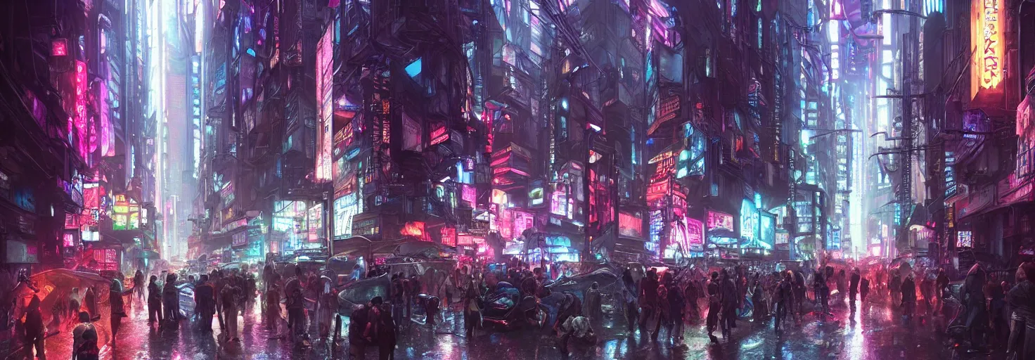 Image similar to overly crowded street of a cyberpunk city, rain, harsh neon lights, highly detailed, digital painting, trending on artstation, concept art, sharp focus, illustration, art by artgerm and greg rutkowski and magali villeneuve