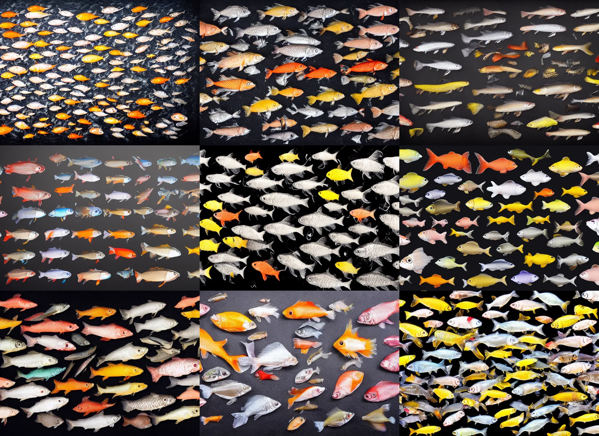 Prompt: many fish on black background