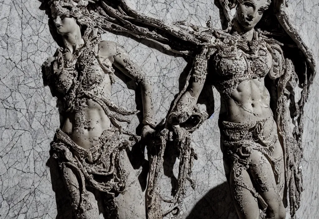 Prompt: high relief greek sculpture of cyborg demon woman, elegant tall, diamond encrusted, made of polychrome plaster stucco, covered in black shiny metallic paint, middle eastern, cracked, gyokugan, dirty, low modern faceted style patterns, realistic, on a large marble wall, highly detailed, photography, high contrast, masterpiece,