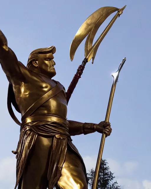 Prompt: a gigantic 1 0 0 0 foot bronze statue of a president donald trump holding his spear and shield, god of war, fantasy landscape, thousands of tiny onlookers, photorealistic, atmospheric