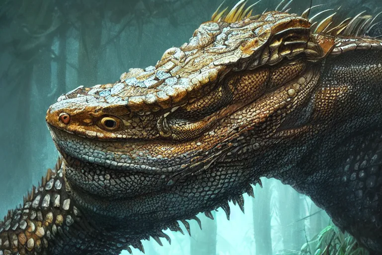 Prompt: Beautiful 28mm macro headshot of a A very very huge massive giant one headed Chinese water bearded dragon middle of a jungle, fantasy art, in the style of greg rutkowski, illustration, epic, fantasy, intricate, hyper detailed, artstation, concept art, rim lighting, elder scrolls, unreal, smooth, sharp focus, ray tracing