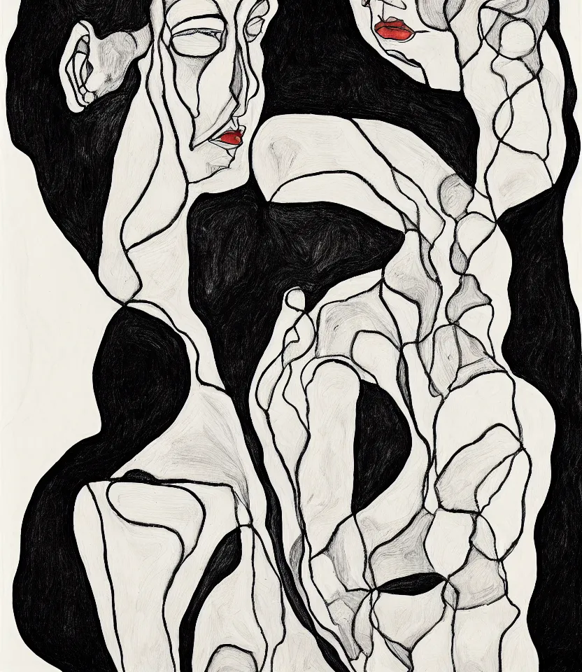 Image similar to detailed line art portrait of georgia o'keeffe, inspired by egon schiele. caricatural, minimalist, bold contour lines, musicality, soft twirls curls and curves, confident personality, raw emotion