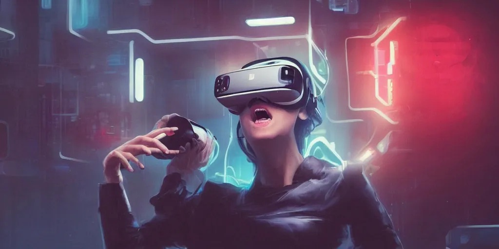 Prompt: a woman with a vr headset swallows a pill and hallucinates, cyberpunk art by keiichi koike, trending on cgsociety, retrofuturism, reimagined by industrial light and magic, darksynth, sci - fi