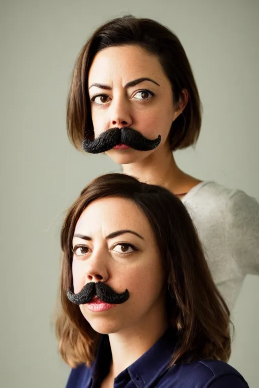 Image similar to photo of Aubrey Plaza with Ron Swanson moustache, portrait, 3/4 view, Refined, Detailed professional photo, 50mm lens, Canon eos, blurry distant background, Highly Detailed, Cinematic Lighting, 8k