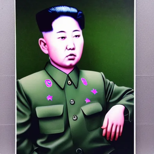 Image similar to hyperralism araki nobuyoshi photography of realistic detailed north korean kim chen with detailed face smoking reviewing detailed weed bush in detailed basement bedroom ultraviolet light