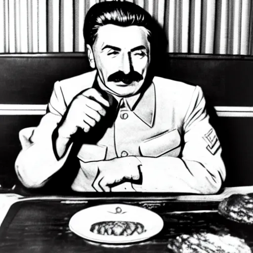 Image similar to joseph stalin eating at burger king, colored, burger king logo, 8 k