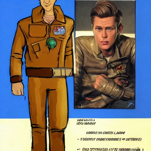 Prompt: character concept art of heroic square - jawed emotionless serious blonde handsome butch princely woman aviator, with very short butch slicked - back hair, wearing brown leather jacket, standing in front of small spacecraft, alien 1 9 7 9, illustration, science fiction, retrofuture, highly detailed, colorful, realistic, graphic, ron cobb, mike mignogna