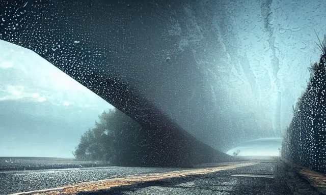 Image similar to beautiful photograph of a vertical tunnel made of raindrops in the blue sky, end of the world, desolate land, highly-detailed, fantastic, dramatic lighting, artstation, 4k