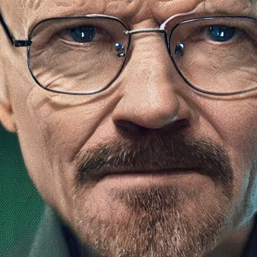 Image similar to close up still of walter white seeing the matrix code, highly detailed face, highly detailed skin, award winning scene, photography, photo, beautiful glitching green matrix code, symmetrical