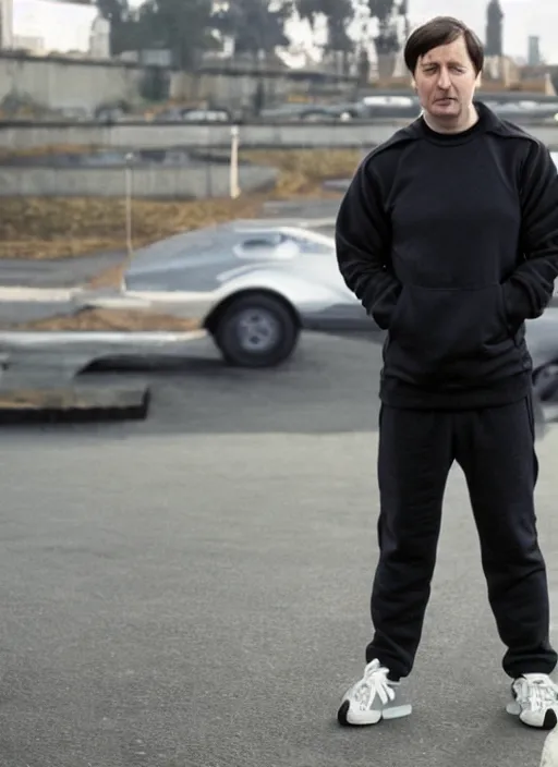 Prompt: Mark Corrigan wearing a Rick Owens tracksuit
