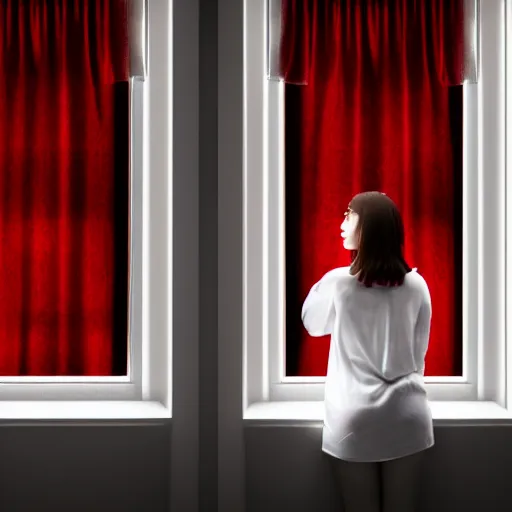 Prompt: woman wearing white and red looking outside the window in her bedroom at night, elegant, highly detailed, 8 k, photorealistic, photography, real picture, heavy grain, studio lighting, hdr