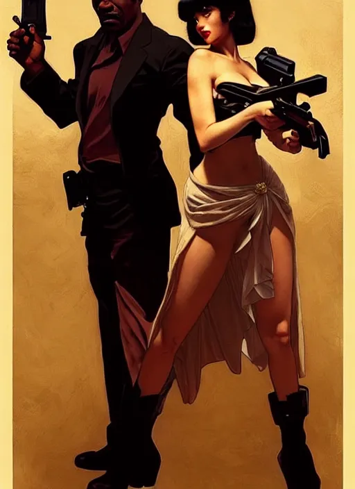 Image similar to “ a pulp fiction book cover with a beautiful femme fatale holding a gun to the head of a tied up man, intricate, elegant, highly detailed, digital painting, artstation, concept art, movie still, smooth, sharp focus uhd 8 k, art by artgerm and greg rutkowski and alphonse mucha ”