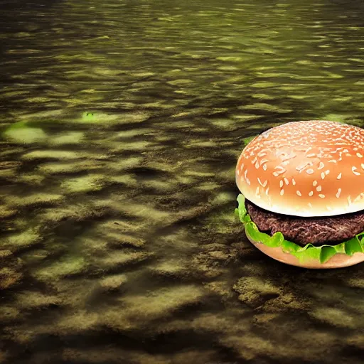 Image similar to a hamburger in a swamp, product photography