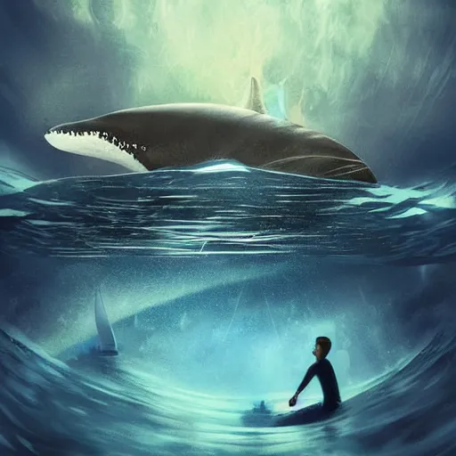 Prompt: a city under the ocean on an alien world, and a whale who feels disconnected from it wistfully watching a spaceship fly away, sci-fi digital art,