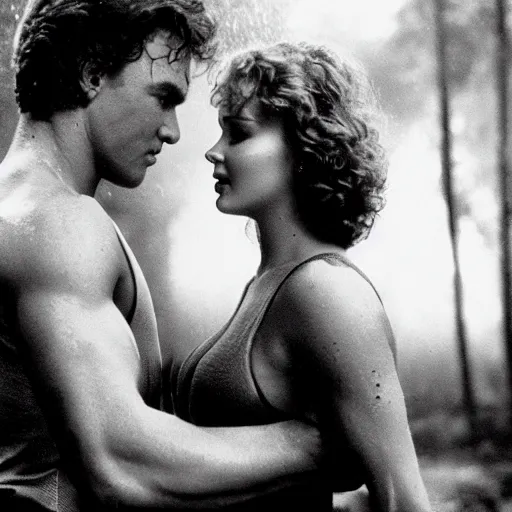 Image similar to dirty dancing poster with closeup portrait of young arnold schwarzenegger dancing with jennifer lawrence in the rain, 5 0 mm cinema shot, beautiful light, best lense, 9 0 s romantic movie, 4 k