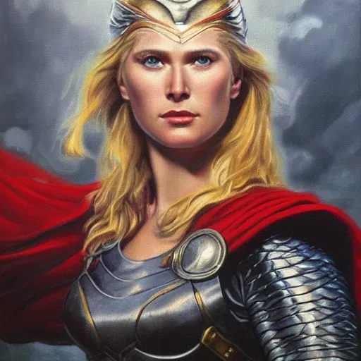 Prompt: ultra realistic portrait painting of female thor, art by frank frazetta, vintage levi ’ s ad, stormy weather, dark vibes, 4 k, ultra realistic, highly detailed, epic lighting
