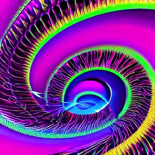 Image similar to abstract acrylic of a spiral vortex, chaotic fractal patterns, cells, purple magenta blue iridescent colors, dynamic curves, pouring techniques, artstation, pinterest