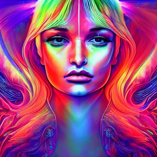 Image similar to a neon psychedelic chakra awakening kundalini ethereal portrait of kim petras with her eyes closed transcending to a higher plane of existence, eternal blessing, multiverse, by android jones, by ben ridgeway, visionary art, by artgerm, featured on artstation, cgsociety, by greg rutkowski