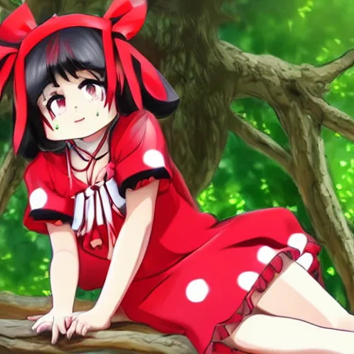 Image similar to a medibang of reimu in the jungle wearing bonnet