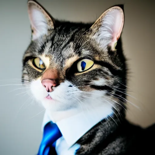 Prompt: professional photograph taken of a cat wearing a suit