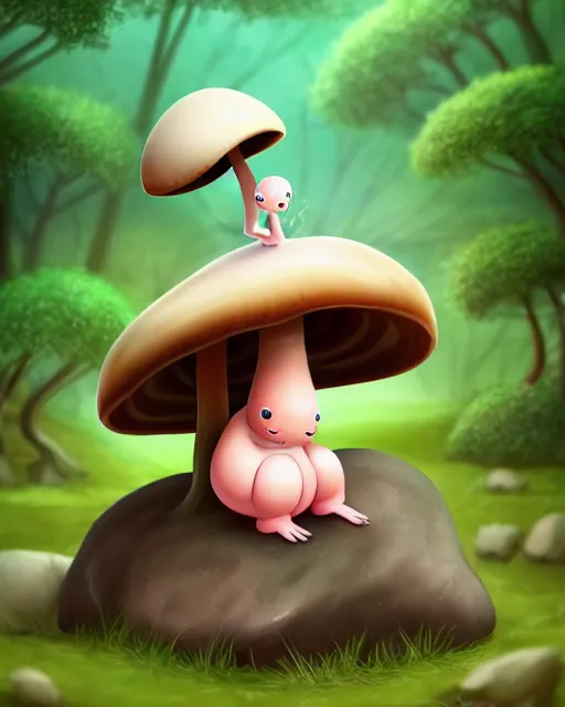 Prompt: digital illustration of a cute mushroom creature, thicc, sitting on a rock in a forest, | | epic - fine - clean, polished, trending on artstation, anime style, brush strokes