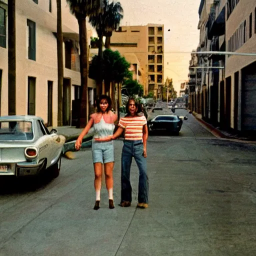 Prompt: a street in los angeles with 2 happy people in 1 9 7 0. 7 0's color 4 k