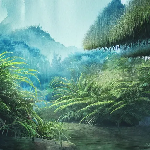 Image similar to watercolor of a lush natural scene on an alien planet by vincent bons. ultra sharp high quality digital render. detailed. beautiful landscape. weird vegetation. water. soft colour scheme. grainy.