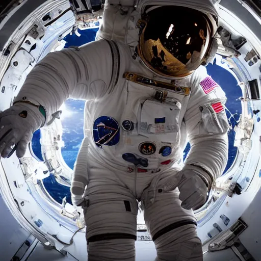 Image similar to photograph of an astronaut in space, singular light source from below, earth only visible below, darkness above, full body photo, amazing light and shadow contrast, 8 k