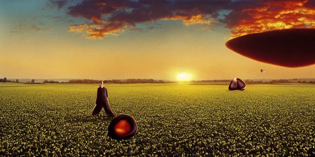 Image similar to hipgnosis storm thorgerson artwork a giant ear floating above a field in england at sunrise