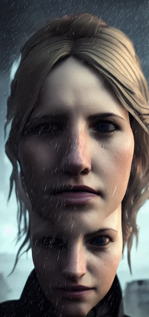 Image similar to portrait shot of annie leonhart in dunwall city, mid air shot, redshift render, beautiful face, detailed face, cinematic lighting, rainy weather, melancholy atmosphere, volumetric light, octane render, dishonored 1, gothic architecture, realistic reflections, octane render 8 k, action shot