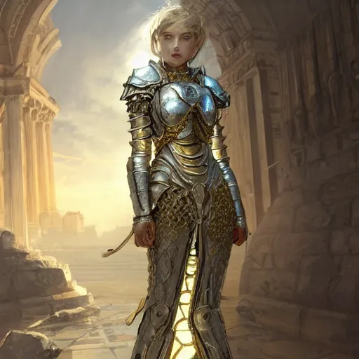 Image similar to portrait knights of Zodiac girl, silver and ice color reflected armor, in ruined Agora of Athens, ssci-fi, fantasy, intricate, very very beautiful, elegant, golden light, highly detailed, digital painting, artstation, concept art, smooth, sharp focus, illustration, art by tian zi and WLOP and alphonse mucha