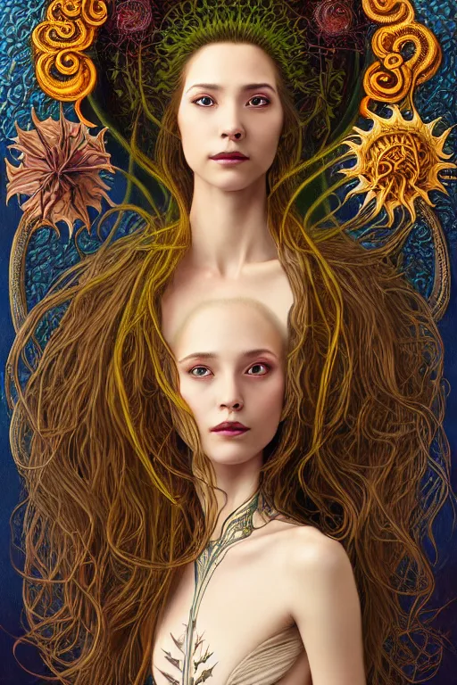 Image similar to portrait of a young female wizard in flowing sensual dress, arrogant, long fine flowing hair, delicate, looking at camera, slight nerdy awkward smile, realistic face, stylish, elegant, grimdark fantasy, flowers, extremely detailed painting inspired by Gerald Brom and Ernst Haeckel and Victor Nizovtsev, studio lighting