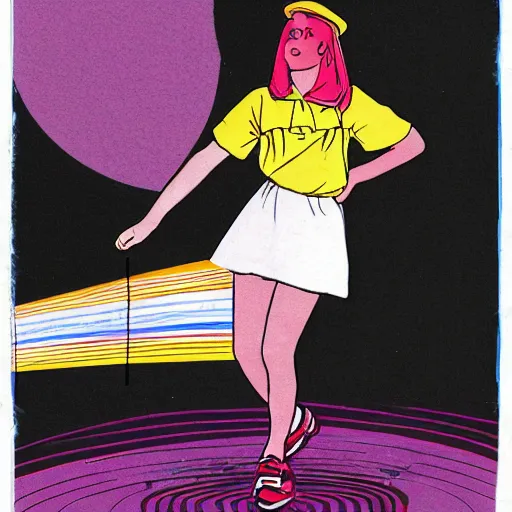Prompt: Mixed media art. A young girl stands in the center of the frame, looking off to the side. She wears a school uniform with a short skirt and a striped shirt. The background is a vivid, with wavy lines running through it. cassette futurism, Flickr by Milo Manara tumultuous, rigorous