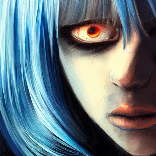 Image similar to full face shot of rimuru tempest, sky blue straight hair, long bangs, with amber eyes, wearing a black jacket, high collar, ultra detailed, brush strokes, skin texture, digital painting, cinematic, wlop artstation, closeup, pixiv, eerie, scary, intimidating glare, evil, junji ito, yoshitaka amano