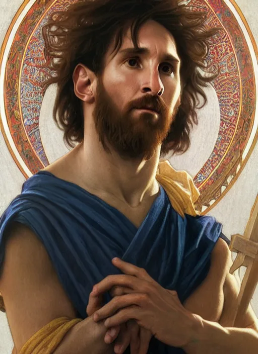 Image similar to portrait lionel messi as jesus in the cross, full length shot, shining, 8 k highly detailed, sharp focus, illustration, art by artgerm, mucha, bouguereau